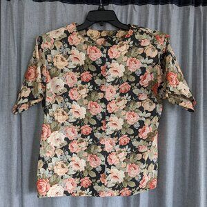 VTG Grandmacore Button Down Blouse Size 10 Floral Lee Winter Black Multicolor